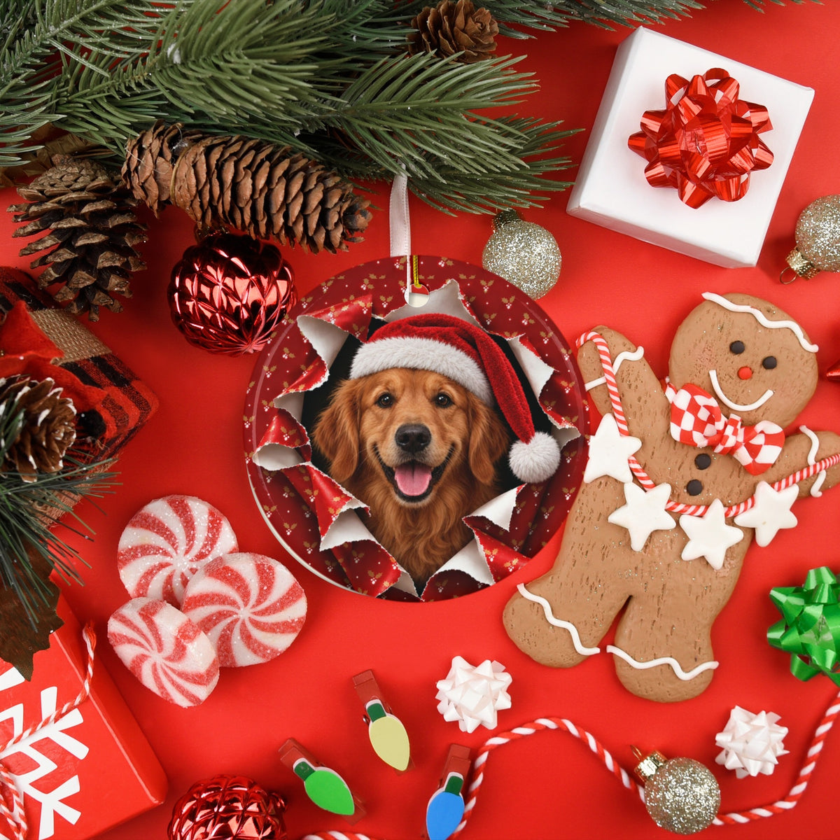 Golden Retriever ornament with gingerbread and candy flatlay
