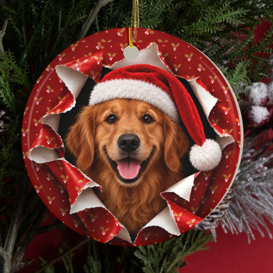 Personalized Golden Retriever Christmas ornament hanging on a tree, gift wrap 3D burst design