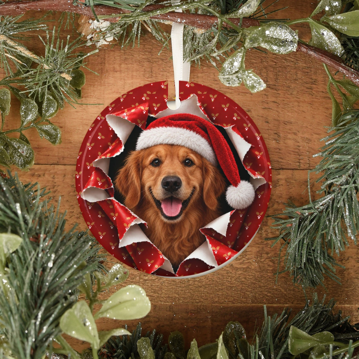 Golden Retriever ornament on rustic wood with greenery