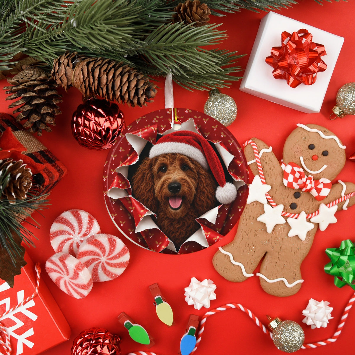 Goldendoodle ornament with gingerbread and candy flatlay