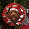 Personalized Goldendoodle Christmas ornament hanging on a tree, gift wrap 3D burst design
