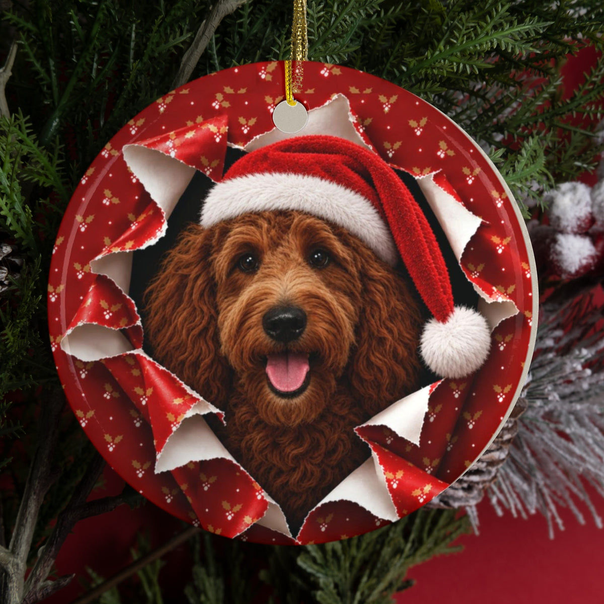Personalized Goldendoodle Christmas ornament hanging on a tree, gift wrap 3D burst design