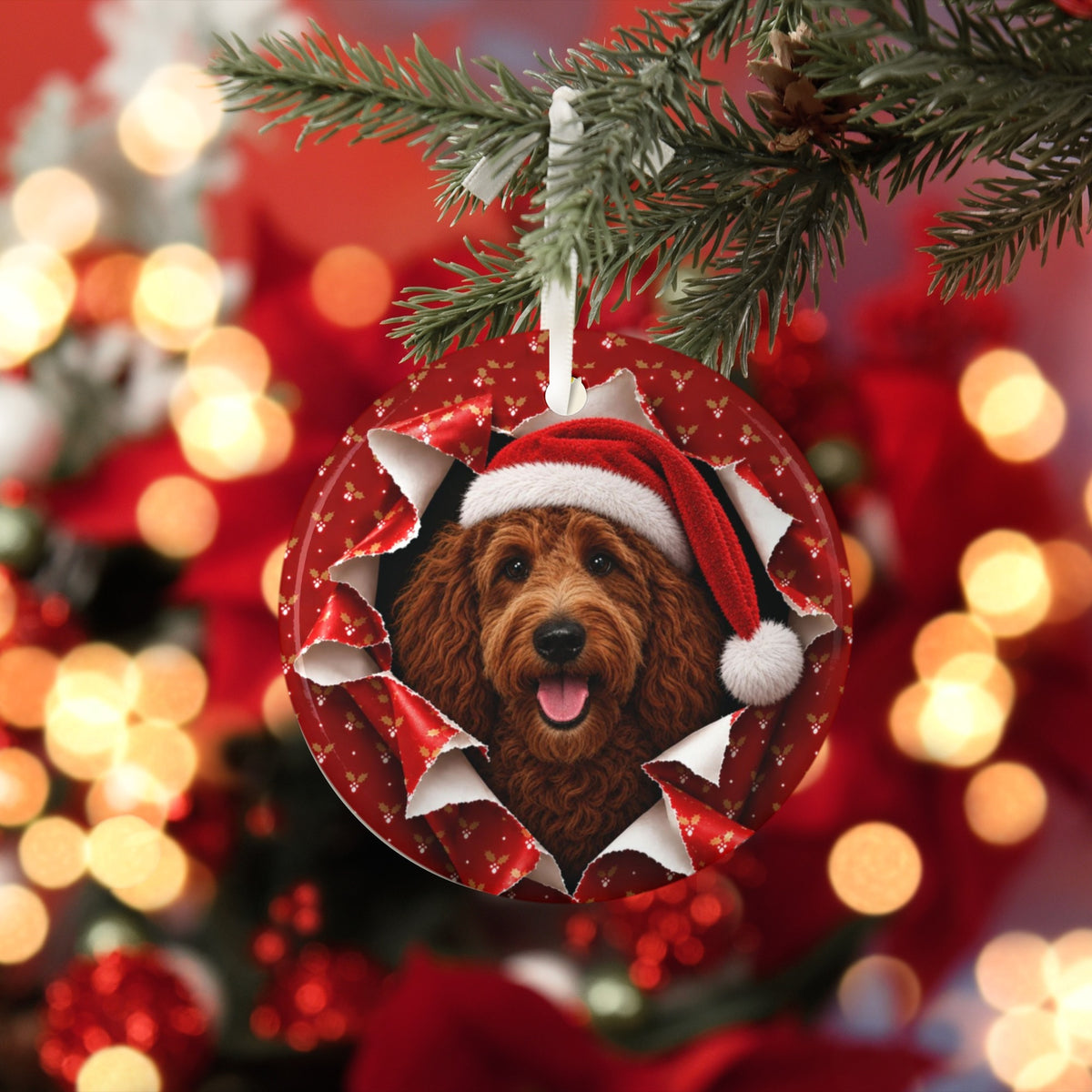Goldendoodle Christmas ornament with red bokeh lights