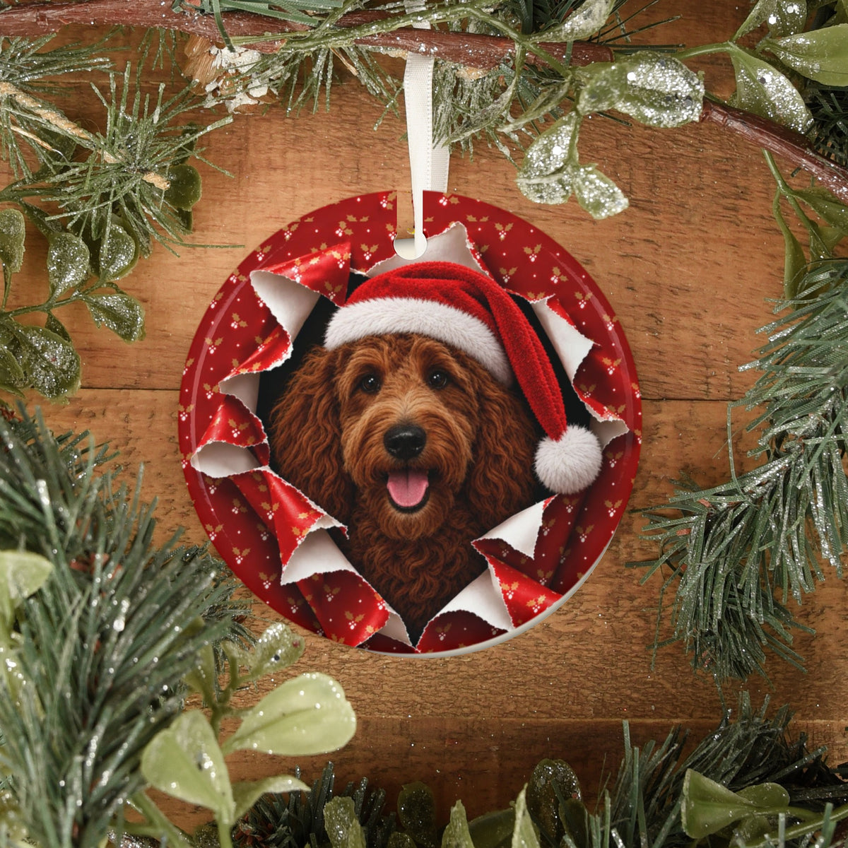 Goldendoodle ornament on rustic wood with greenery