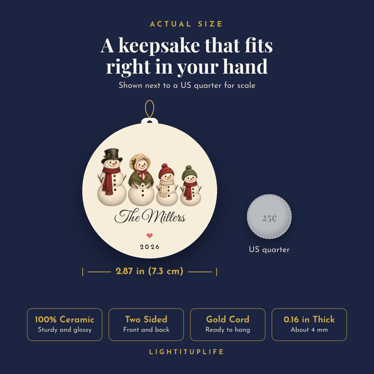 Actual size: ceramic ornament 2.87 inches across, shown next to a US quarter. 100% ceramic, two sided, gold cord, 0.16 inch thick