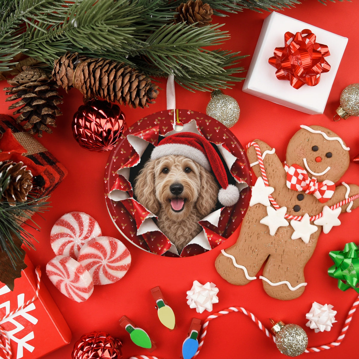 Labradoodle ornament with gingerbread and candy flatlay