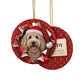 Labradoodle gift wrap burst ornament front and back, gift tag reading Teddy