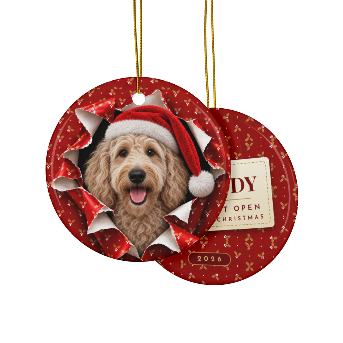 Labradoodle gift wrap burst ornament front and back, gift tag reading Teddy