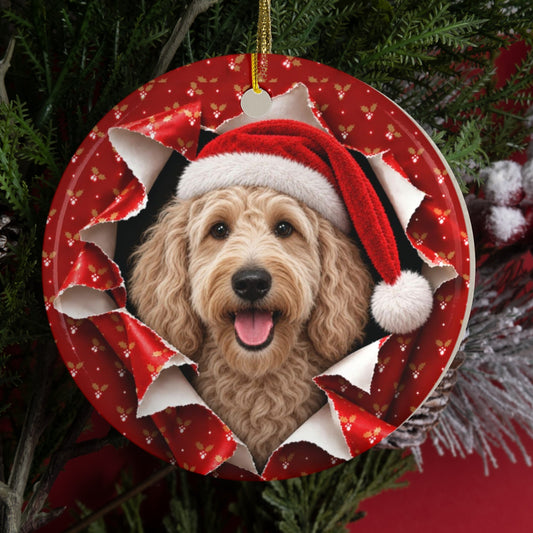 Personalized Labradoodle Christmas ornament hanging on a tree, gift wrap 3D burst design