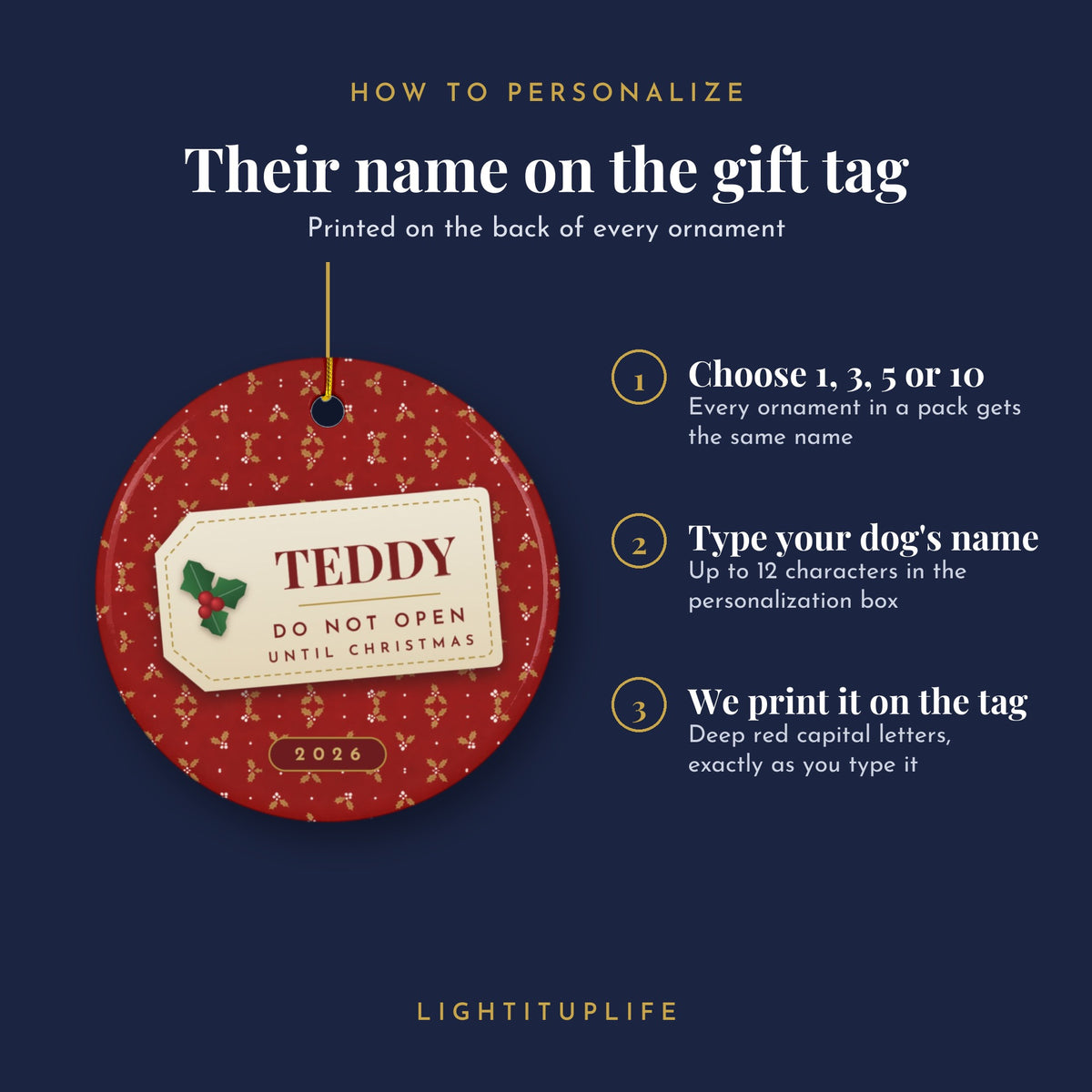 How to personalize the Labradoodle ornament: your dog's name on the gift tag on the back