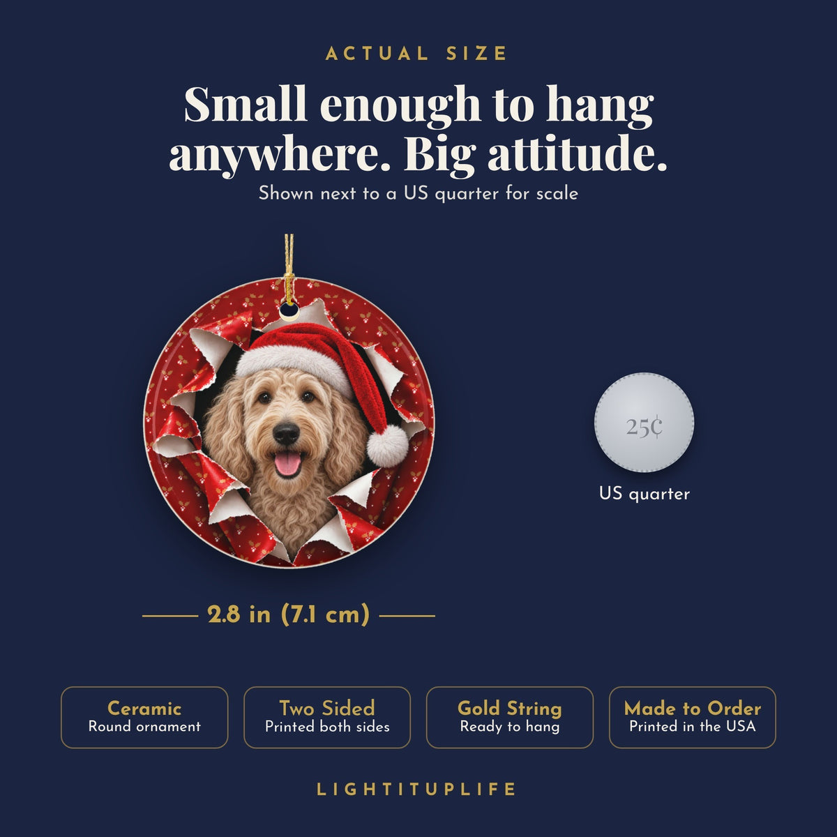 Labradoodle ornament actual size next to a US quarter, 2.8 inch ceramic, printed both sides