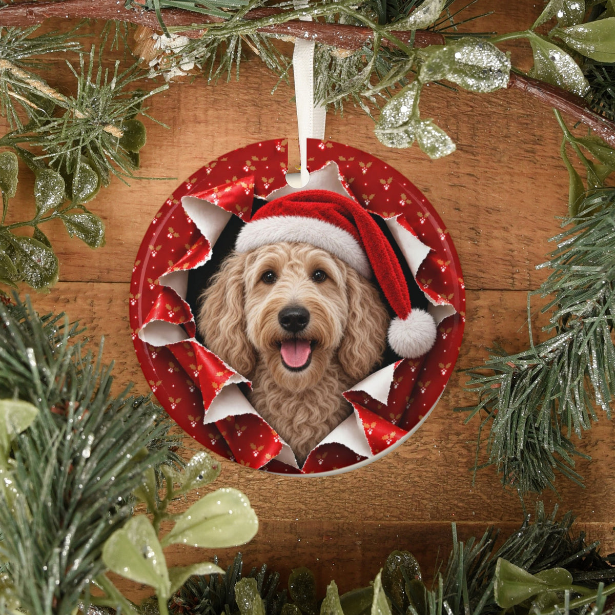 Labradoodle ornament on rustic wood with greenery
