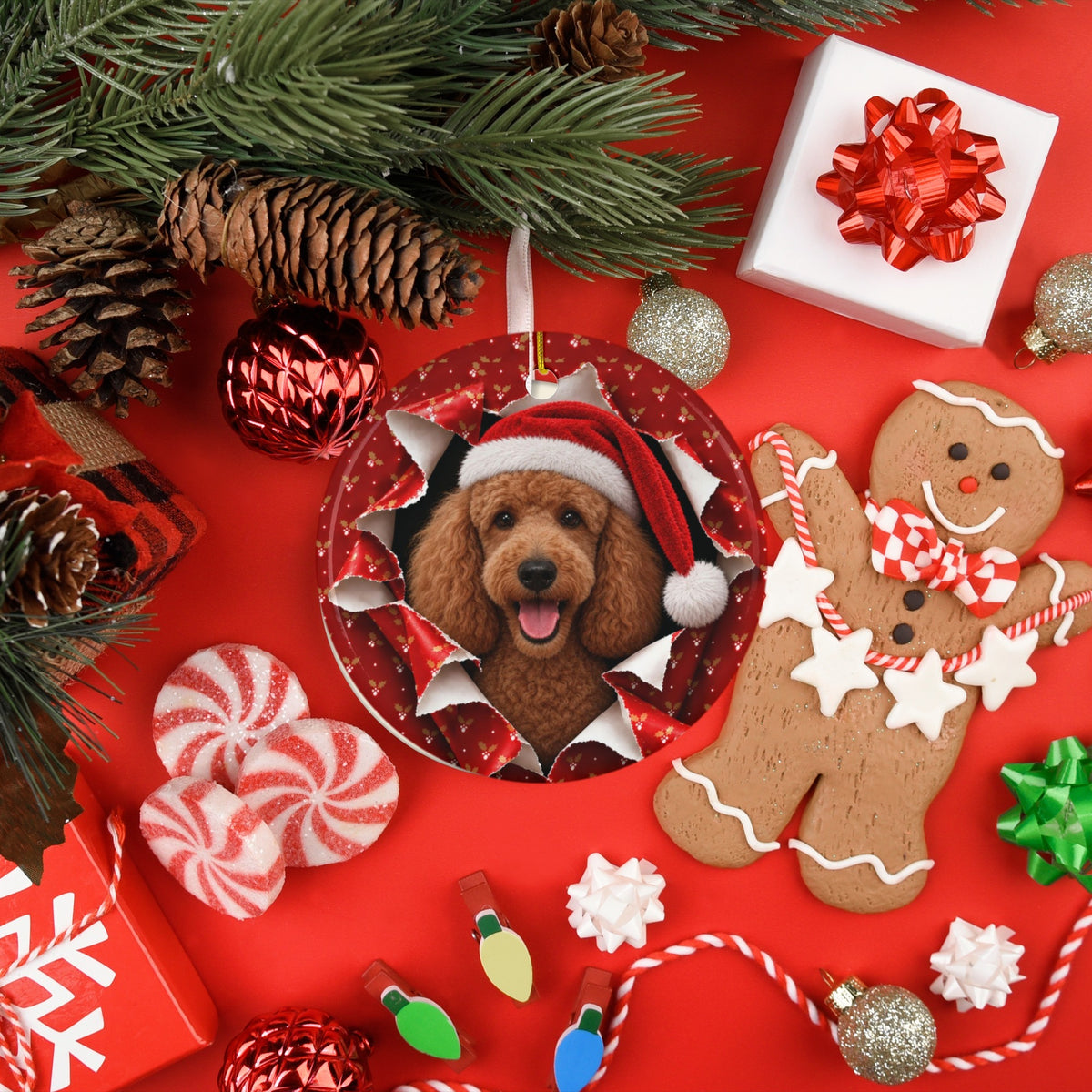 Poodle ornament with gingerbread and candy flatlay
