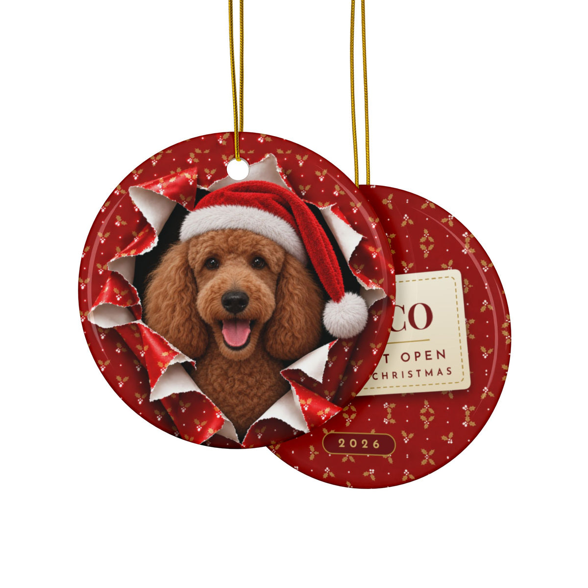Poodle gift wrap burst ornament front and back, gift tag reading Coco