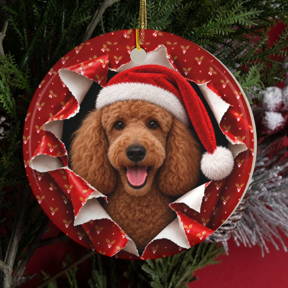 Personalized Poodle Christmas ornament hanging on a tree, gift wrap 3D burst design