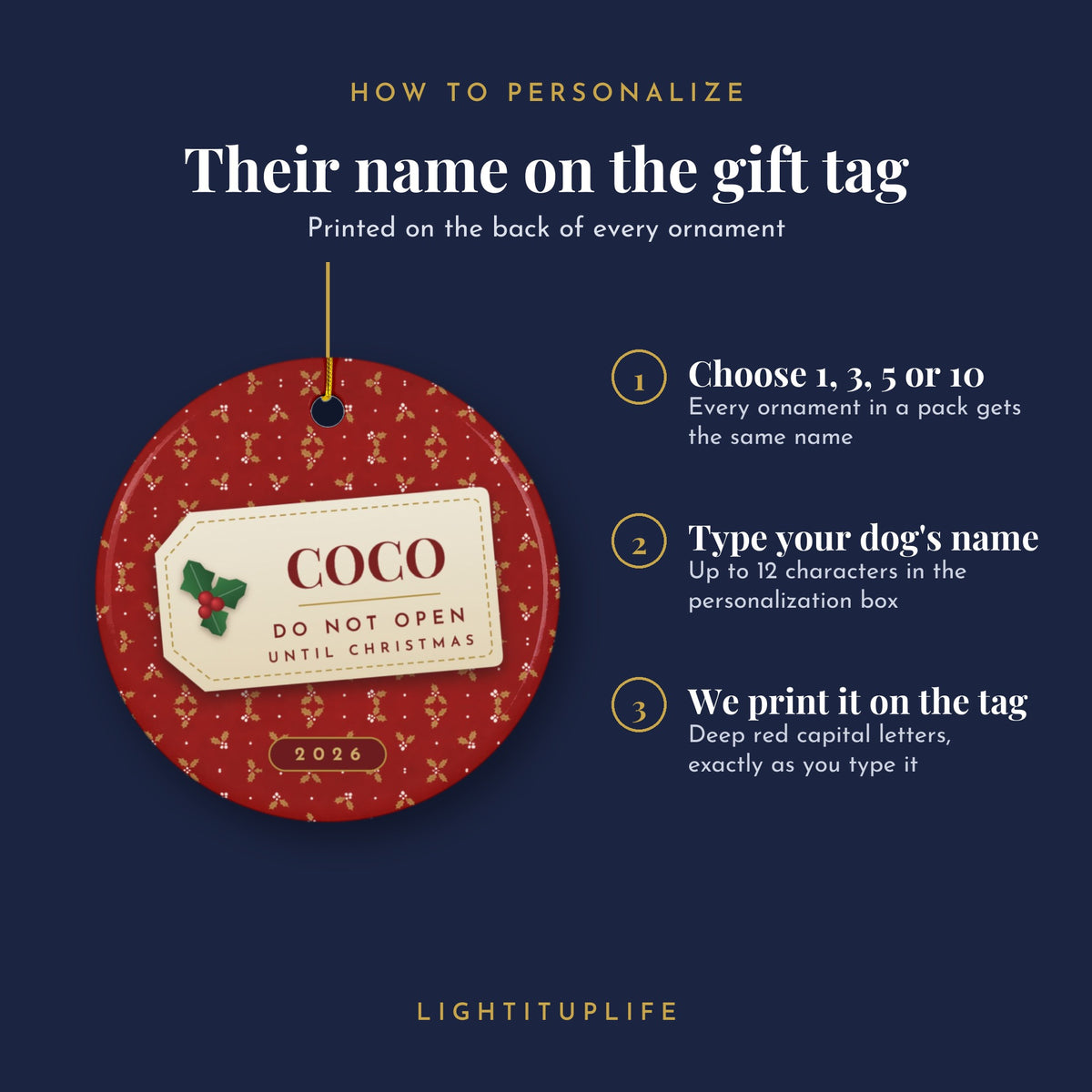 How to personalize the Poodle ornament: your dog's name on the gift tag on the back