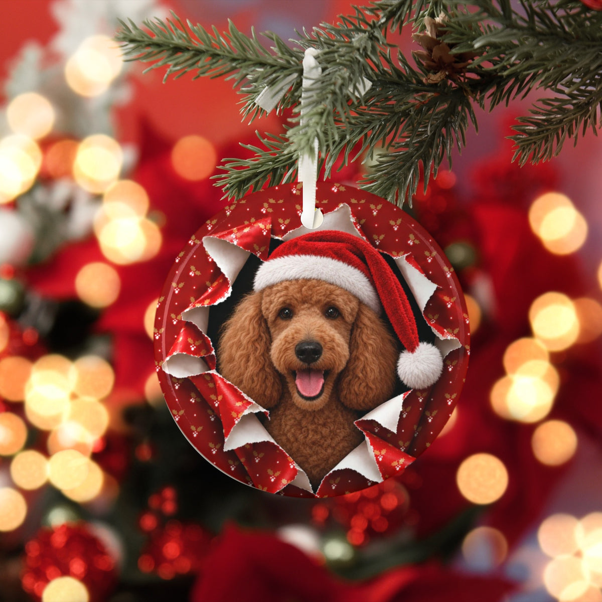 Poodle Christmas ornament with red bokeh lights