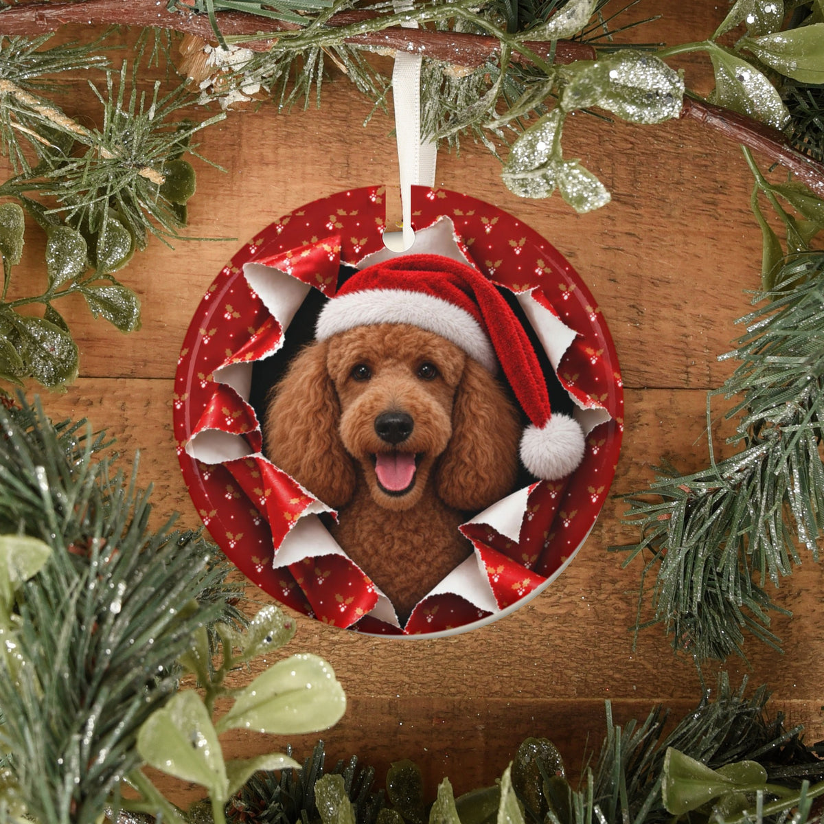Poodle ornament on rustic wood with greenery