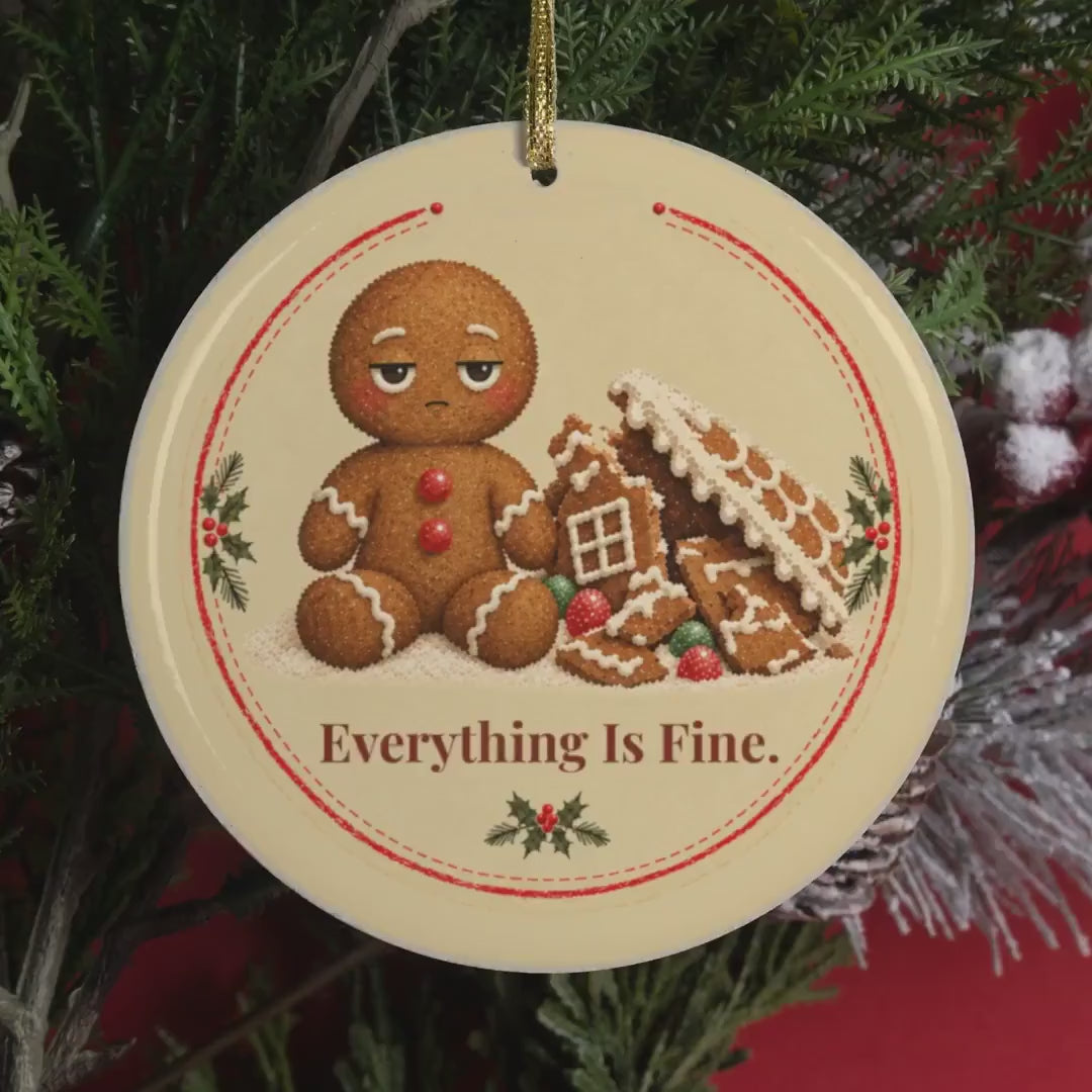 Video of the Everything Is Fine gingerbread Christmas ornament on the tree