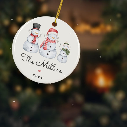 Video of the personalized snowman family of 3 ornament: name, tree, back and size