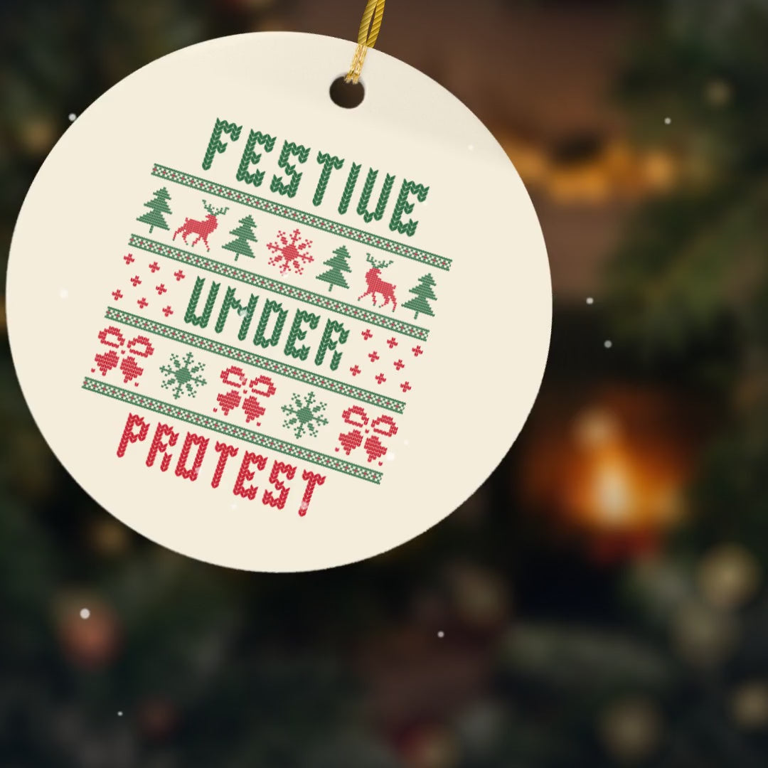 Video of the Festive Under Protest Gen X Christmas ornament on the tree, front and back