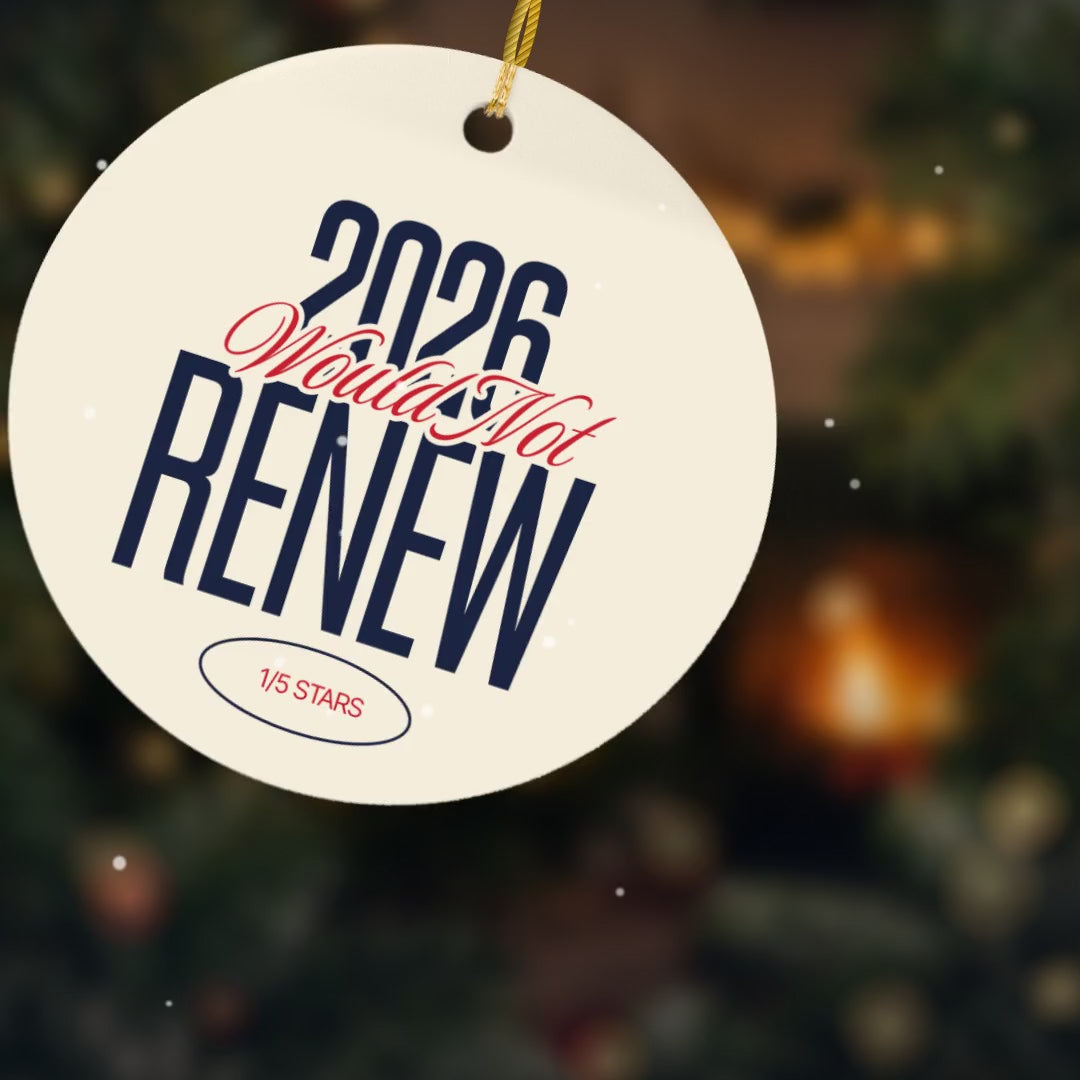 Video of the Would Not Renew year in review Christmas ornament on the tree, front and back