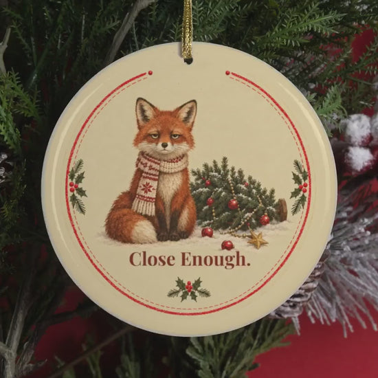 Video of the Close Enough fox Christmas ornament on the tree