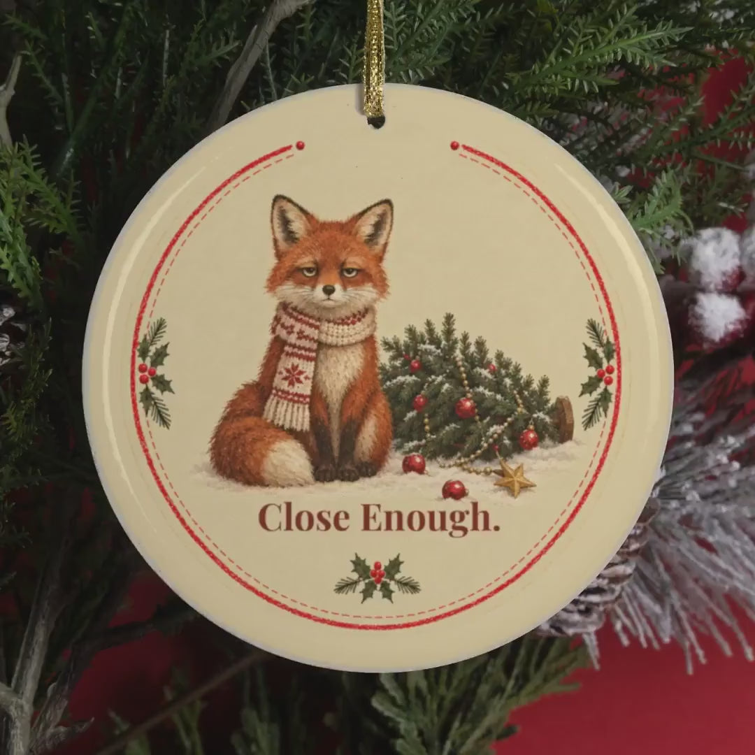 Video of the Close Enough fox Christmas ornament on the tree