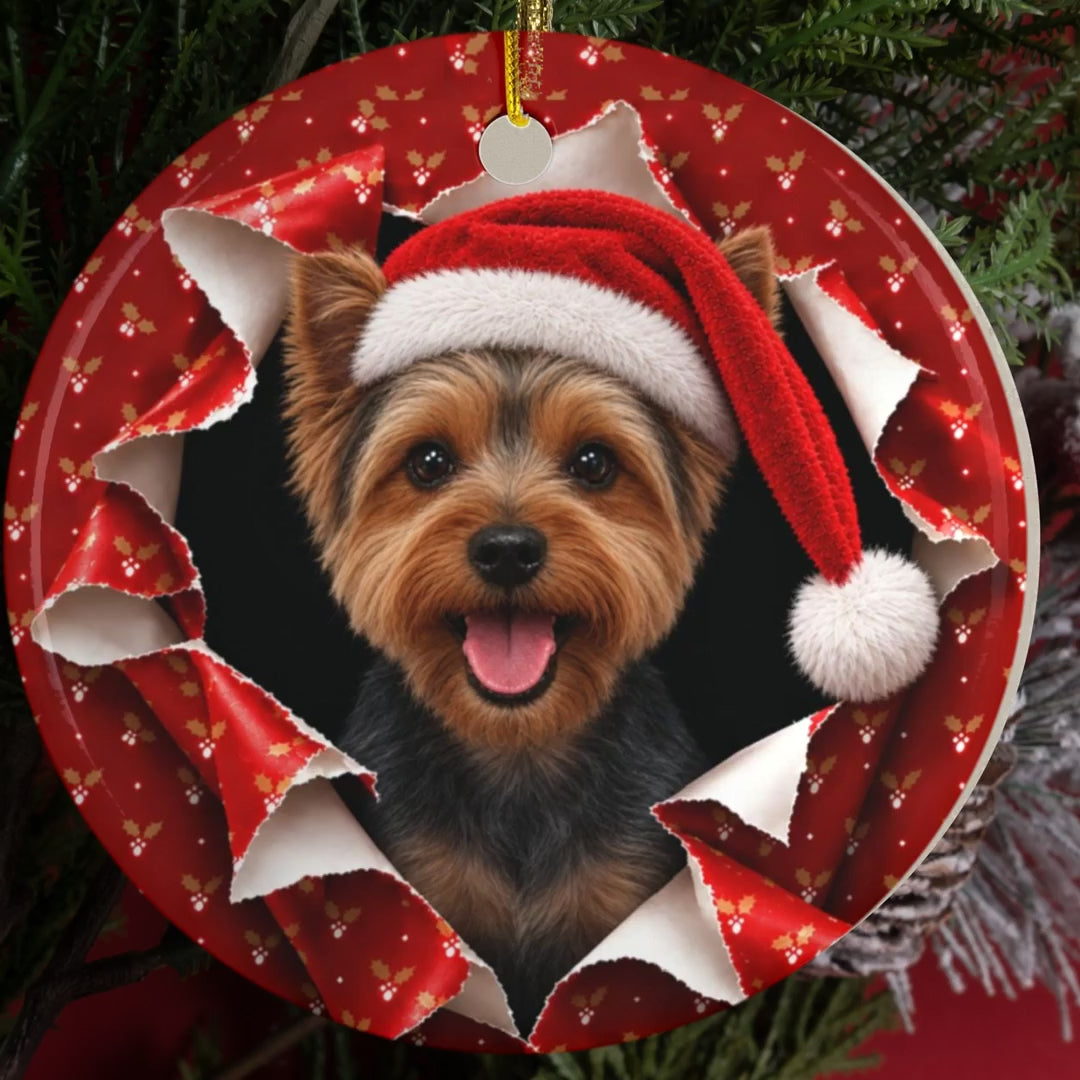 Yorkie gift wrap burst ornament video