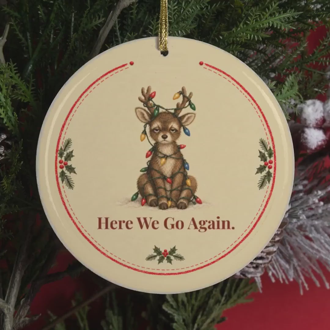Video of the Here We Go Again reindeer Christmas ornament on the tree