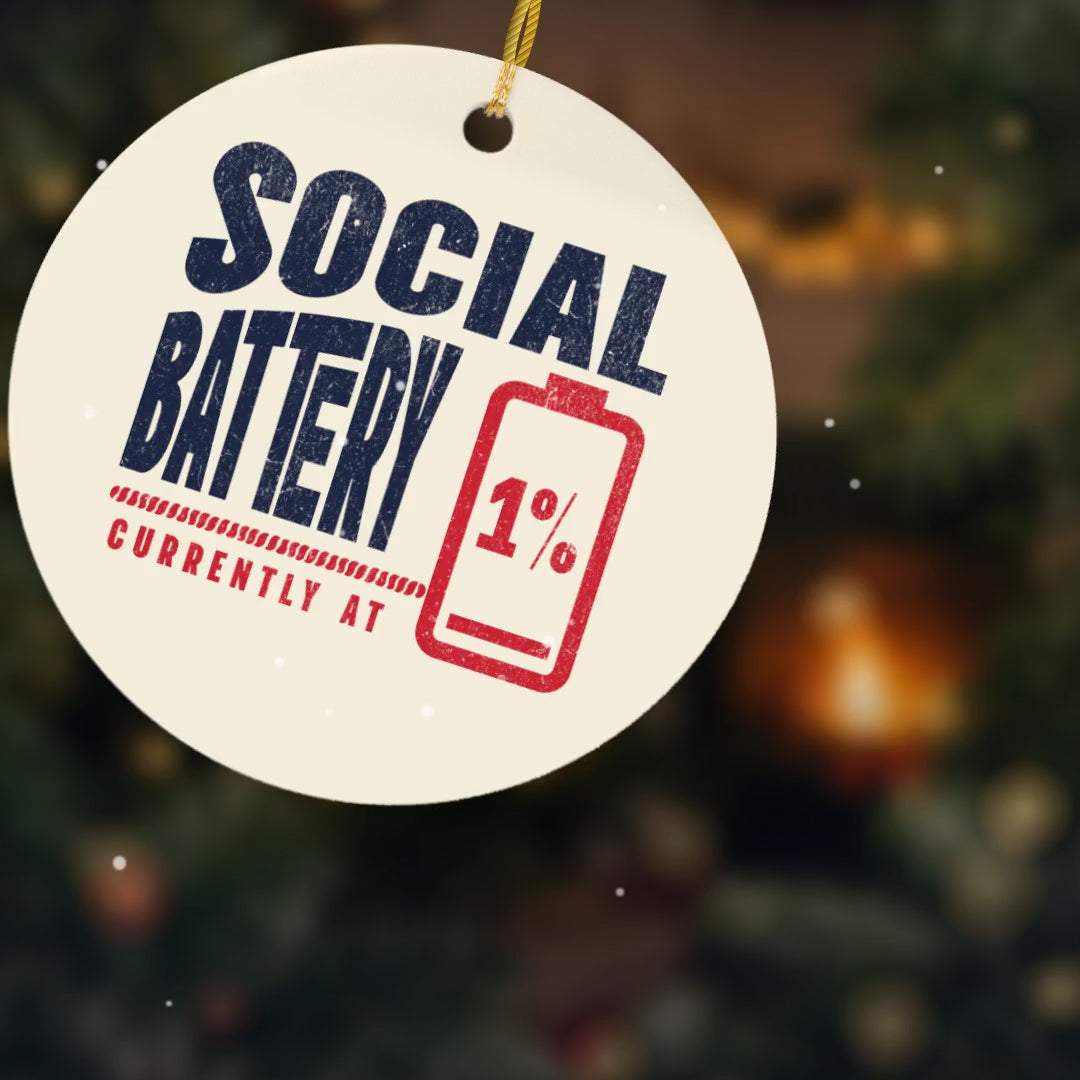 Video of the Social Battery funny introvert Christmas ornament on the tree, front and back
