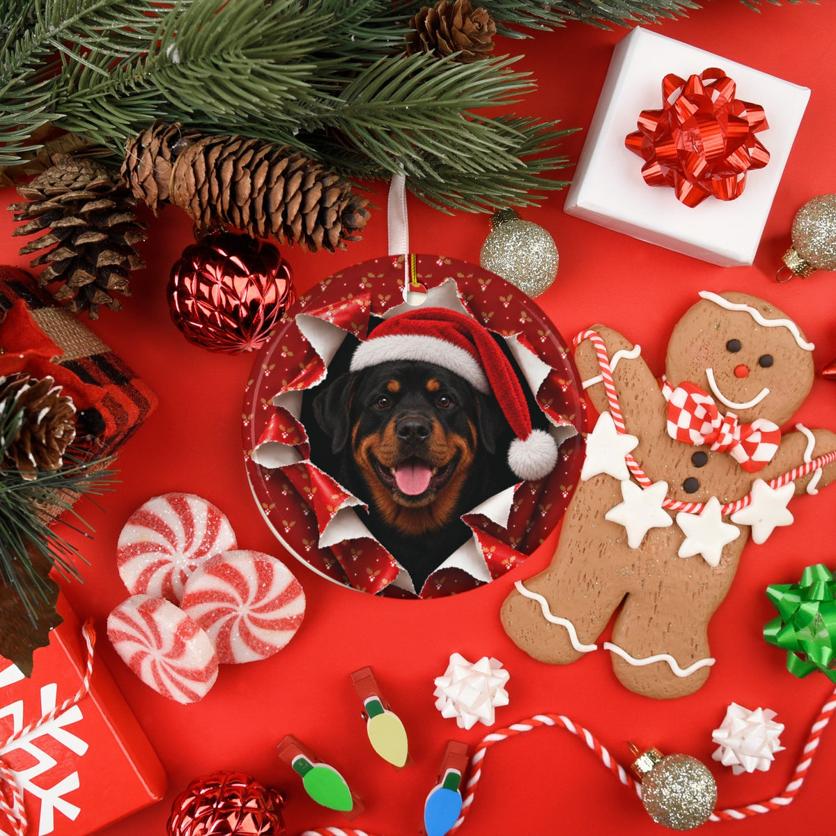 Rottweiler ornament with gingerbread and candy flatlay