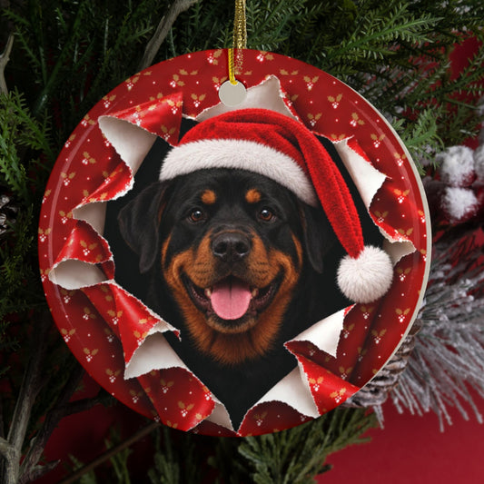 Personalized Rottweiler Christmas ornament hanging on a tree, gift wrap 3D burst design