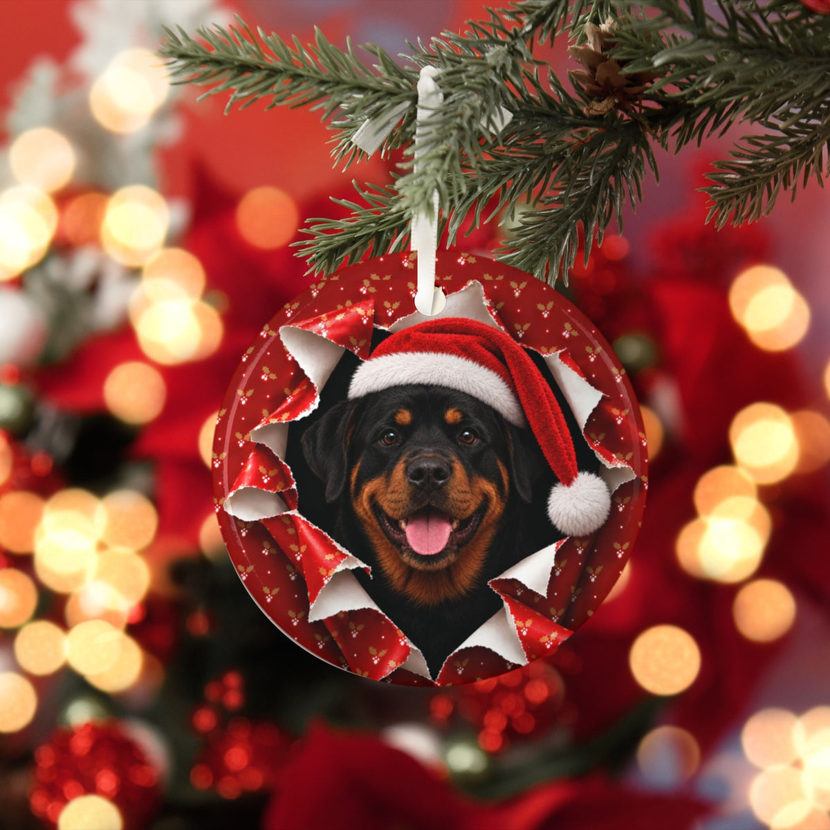 Rottweiler Christmas ornament with red bokeh lights