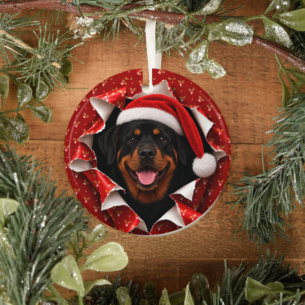 Rottweiler ornament on rustic wood with greenery