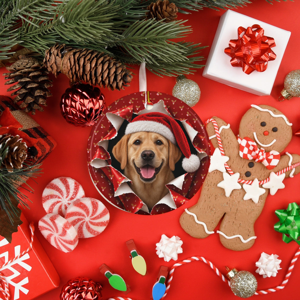 Yellow Lab ornament with gingerbread and candy flatlay