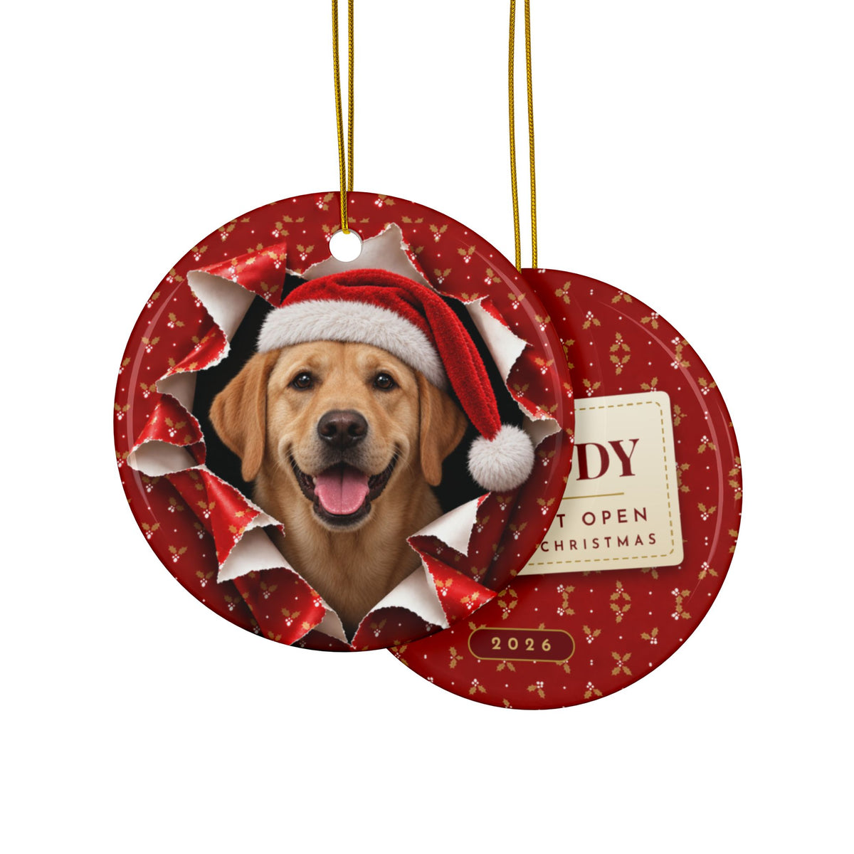 Yellow Lab gift wrap burst ornament front and back, gift tag reading Buddy