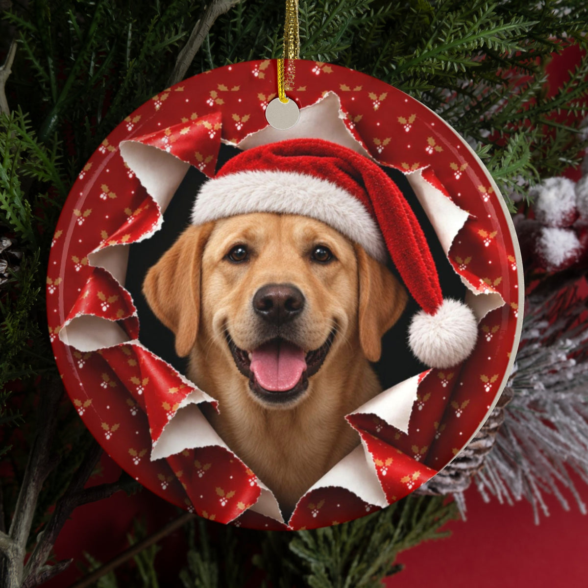 Personalized Yellow Lab Christmas ornament hanging on a tree, gift wrap 3D burst design