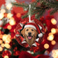 Yellow Lab Christmas ornament with red bokeh lights