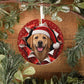 Yellow Lab ornament on rustic wood with greenery