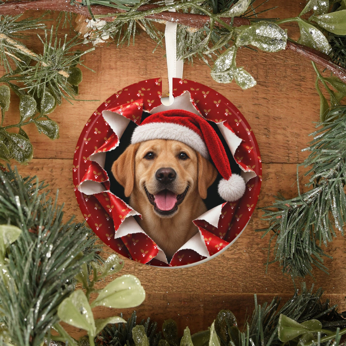 Yellow Lab ornament on rustic wood with greenery