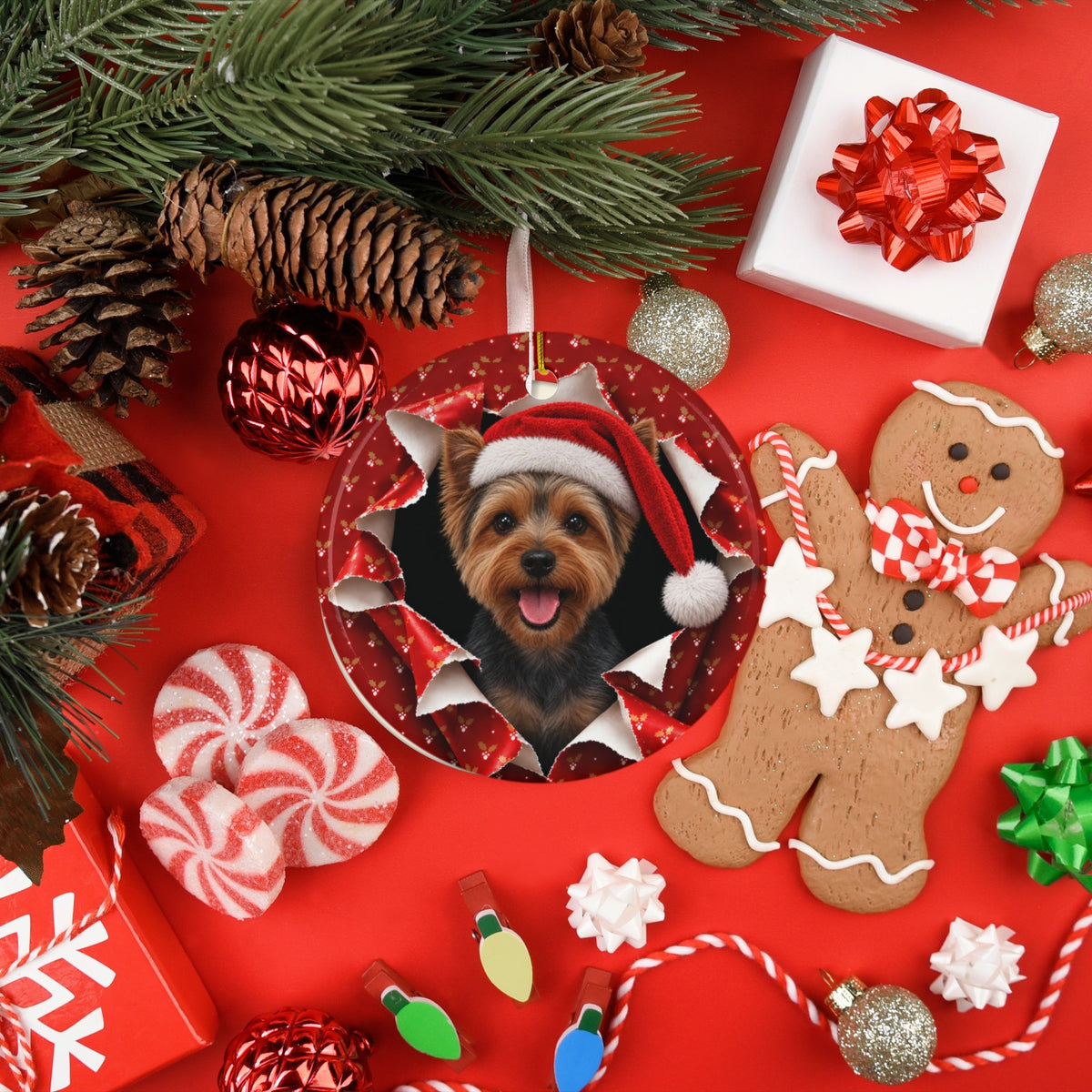 Yorkie ornament with gingerbread and candy flatlay