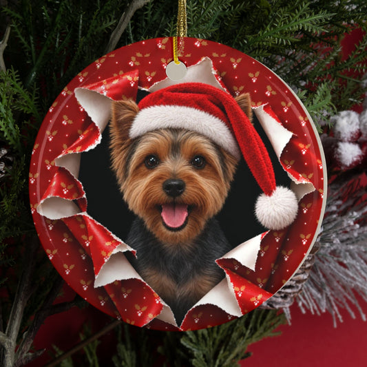 Personalized Yorkie Christmas ornament hanging on a tree, gift wrap 3D burst design
