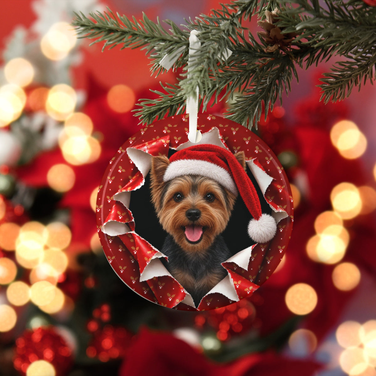 Yorkie Christmas ornament with red bokeh lights