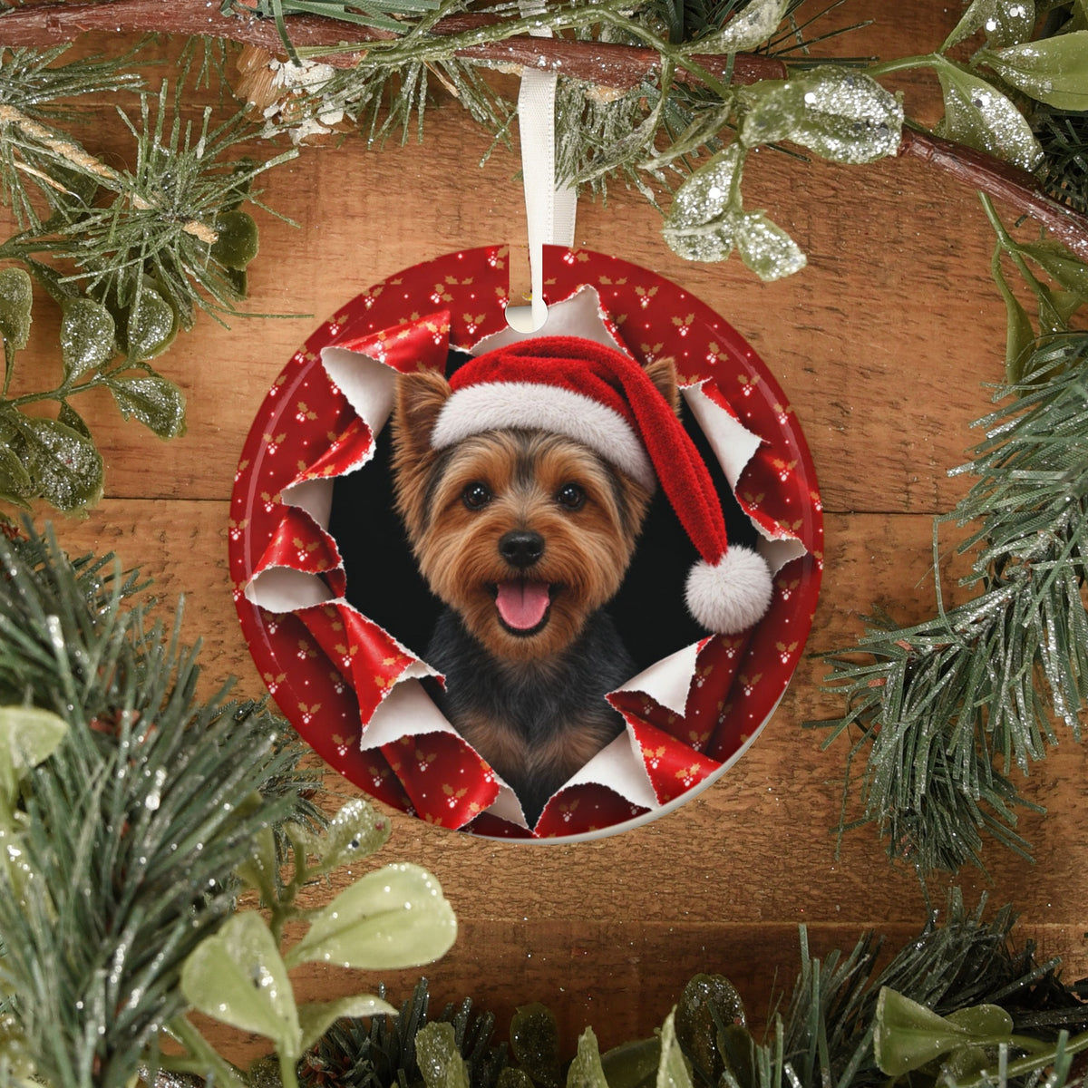 Yorkie ornament on rustic wood with greenery